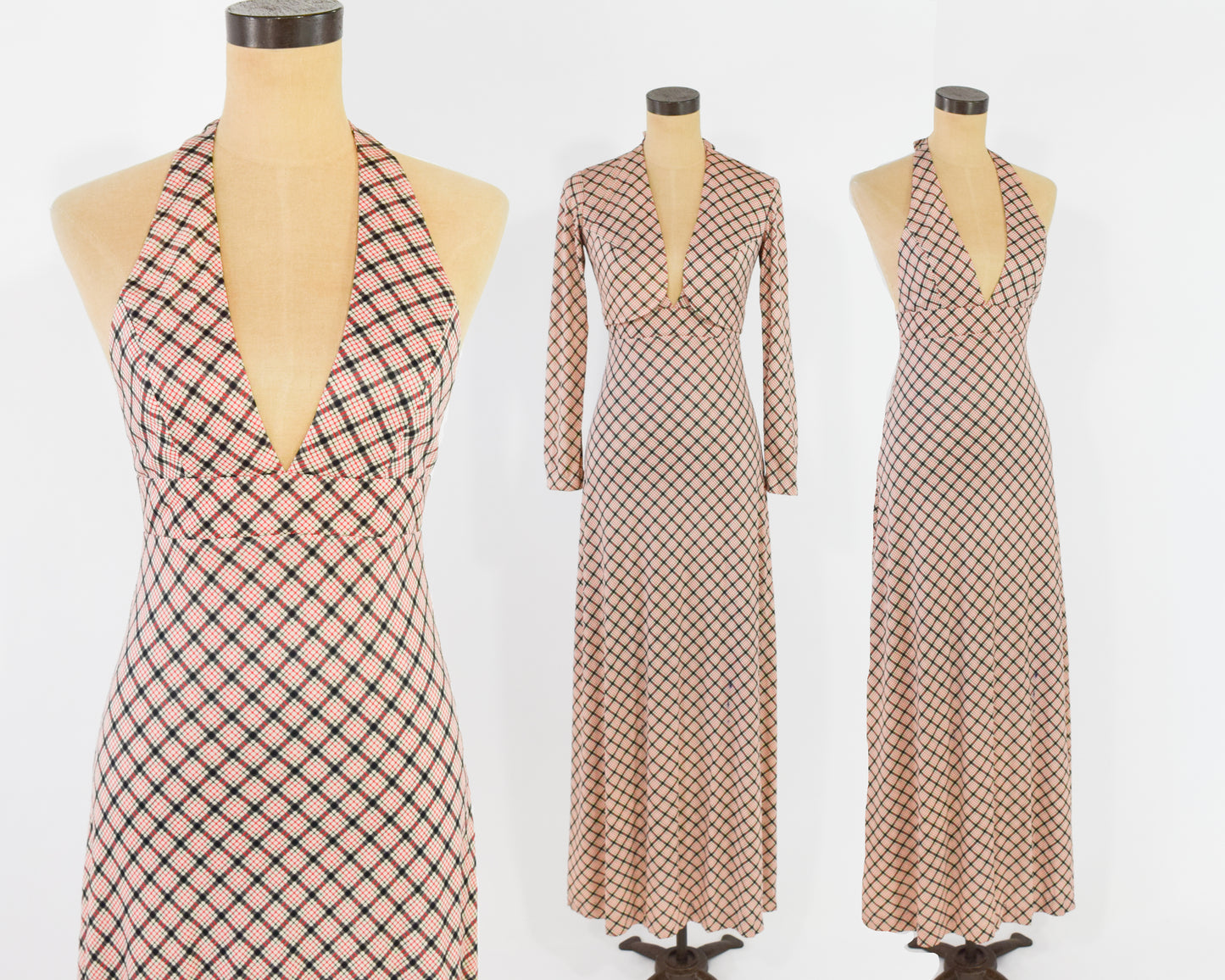 1970s Beige Plaid Halter Dress & Jacket Set | Red Geometric Print Maxi Dress Shrug Set