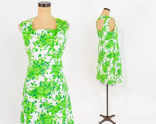 1960s Lime Green Print Dress Medium