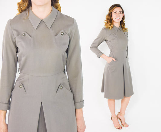 1940s Taupe Gabardine Secretary Dress