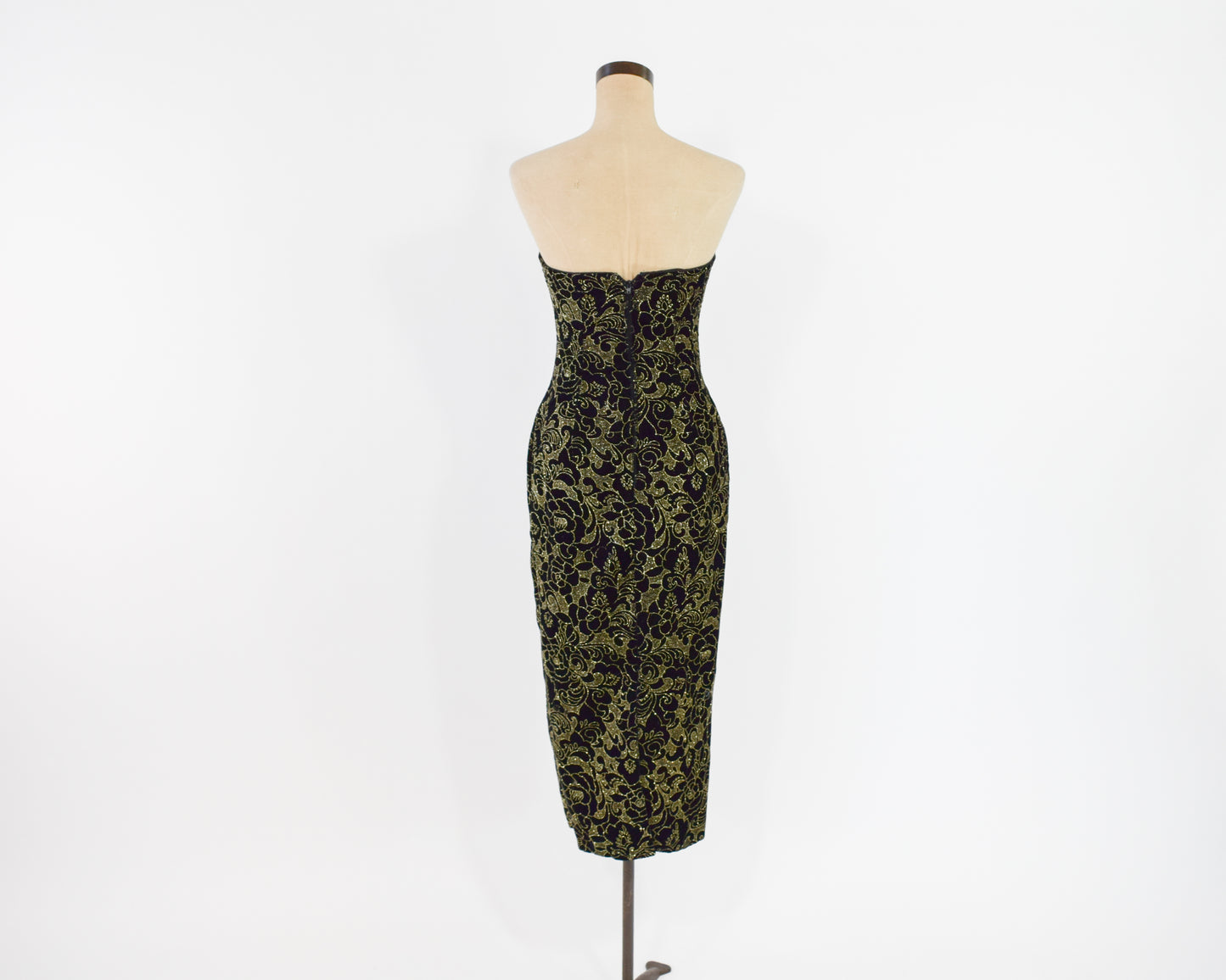 1980s Black Gold Velvet Dress Small