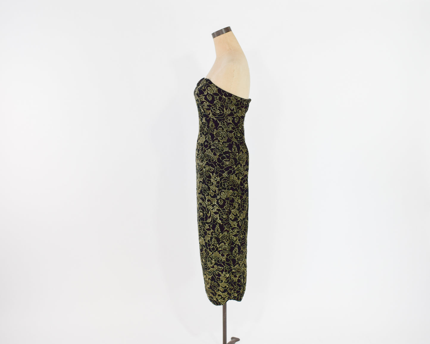 1980s Black Gold Velvet Dress Small