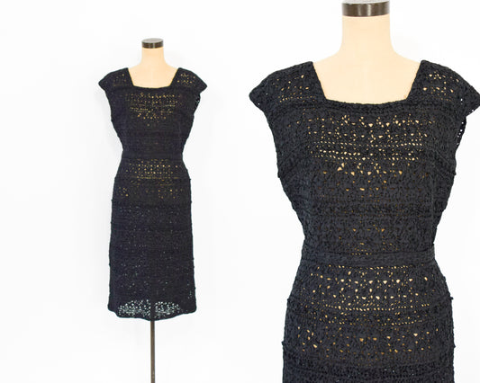 1960s Black Ribbon Lace Dress, Large