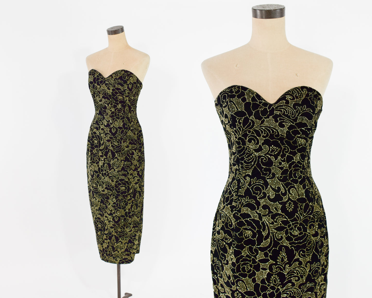 1980s Black Gold Velvet Dress Small