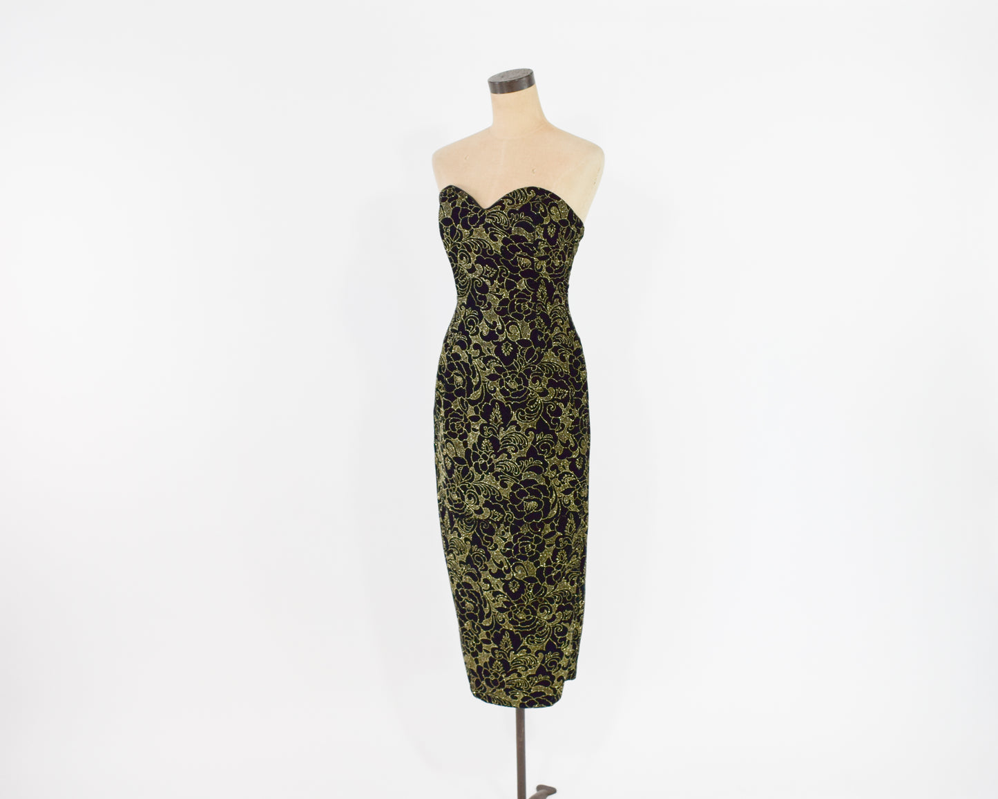 1980s Black Gold Velvet Dress Small