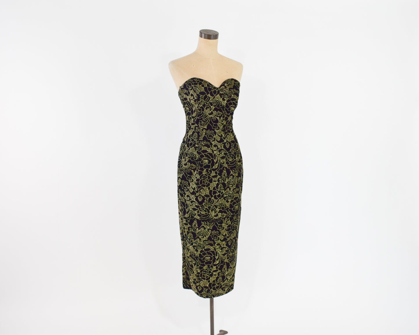 1980s Black Gold Velvet Dress Small