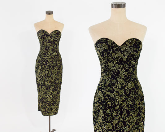 1980s Black Gold Velvet Dress Small
