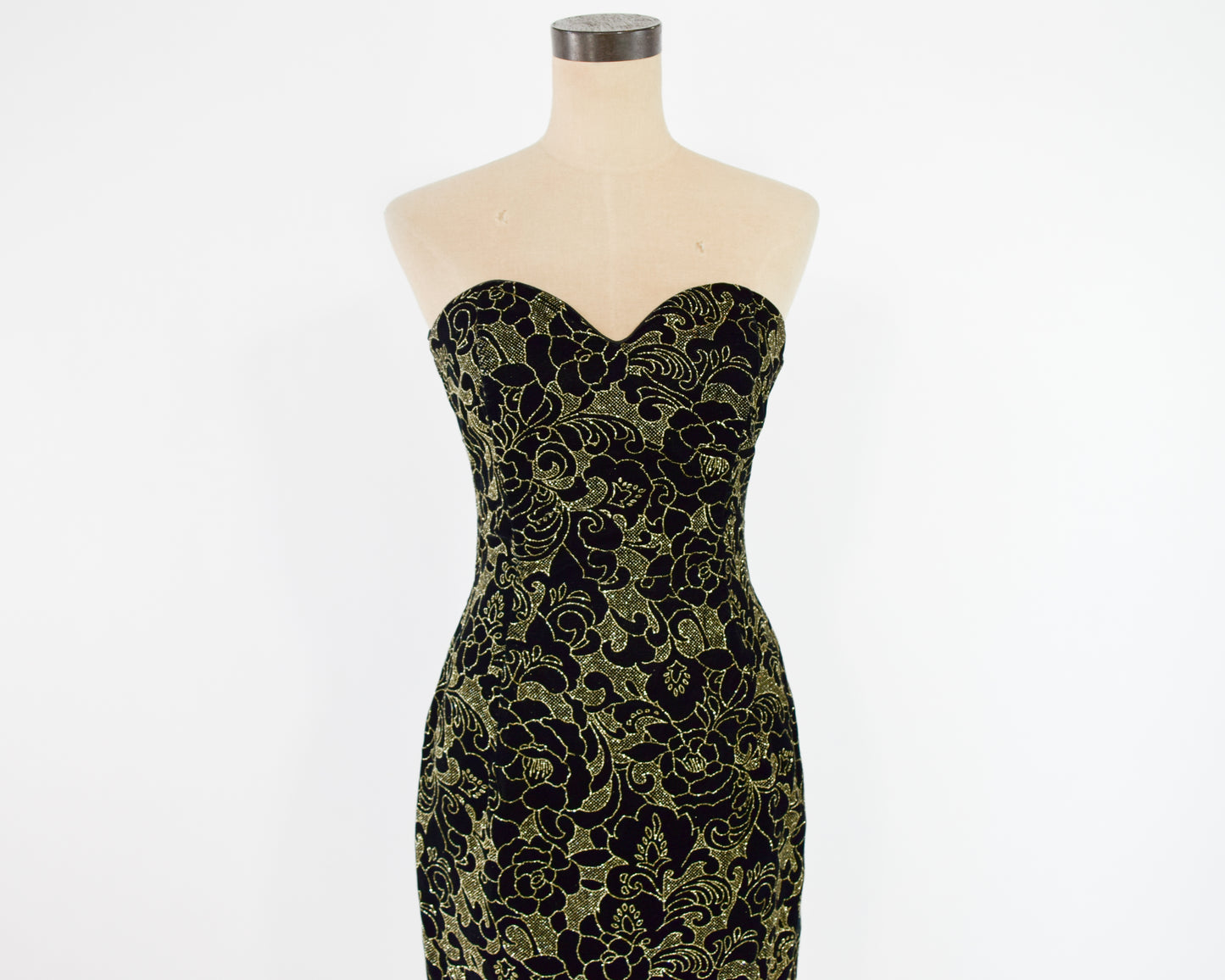 1980s Black Gold Velvet Dress Small