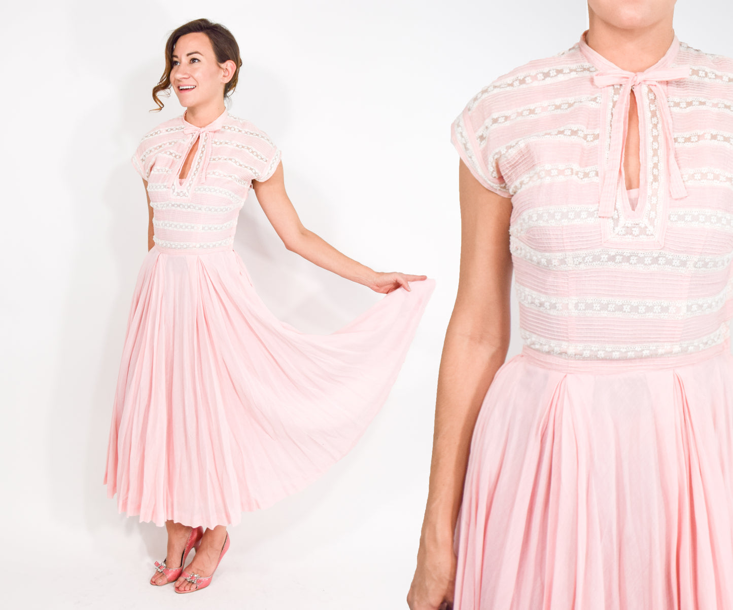 1940s Mollie Parnis Pink Cotton Dress, Extra Small