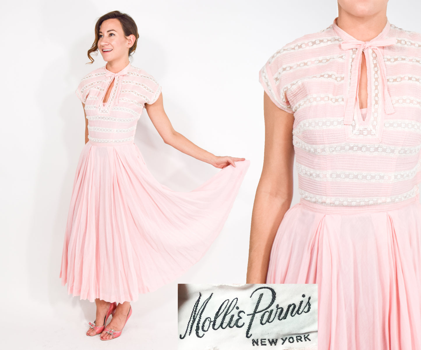 1940s Mollie Parnis Pink Cotton Dress, Extra Small
