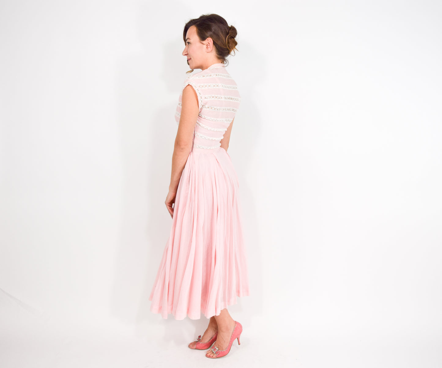 1940s Mollie Parnis Pink Cotton Dress, Extra Small