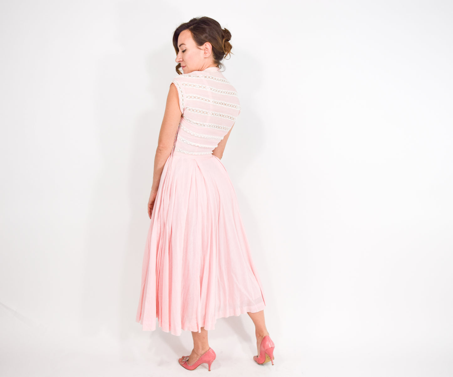 1940s Mollie Parnis Pink Cotton Dress, Extra Small