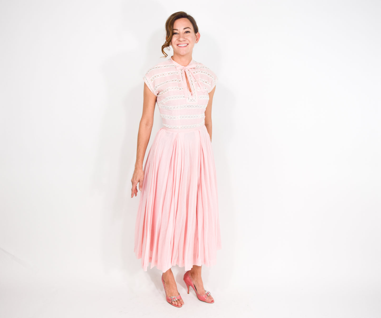 1940s Mollie Parnis Pink Cotton Dress, Extra Small