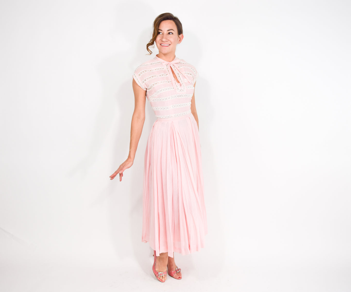 1940s Mollie Parnis Pink Cotton Dress, Extra Small