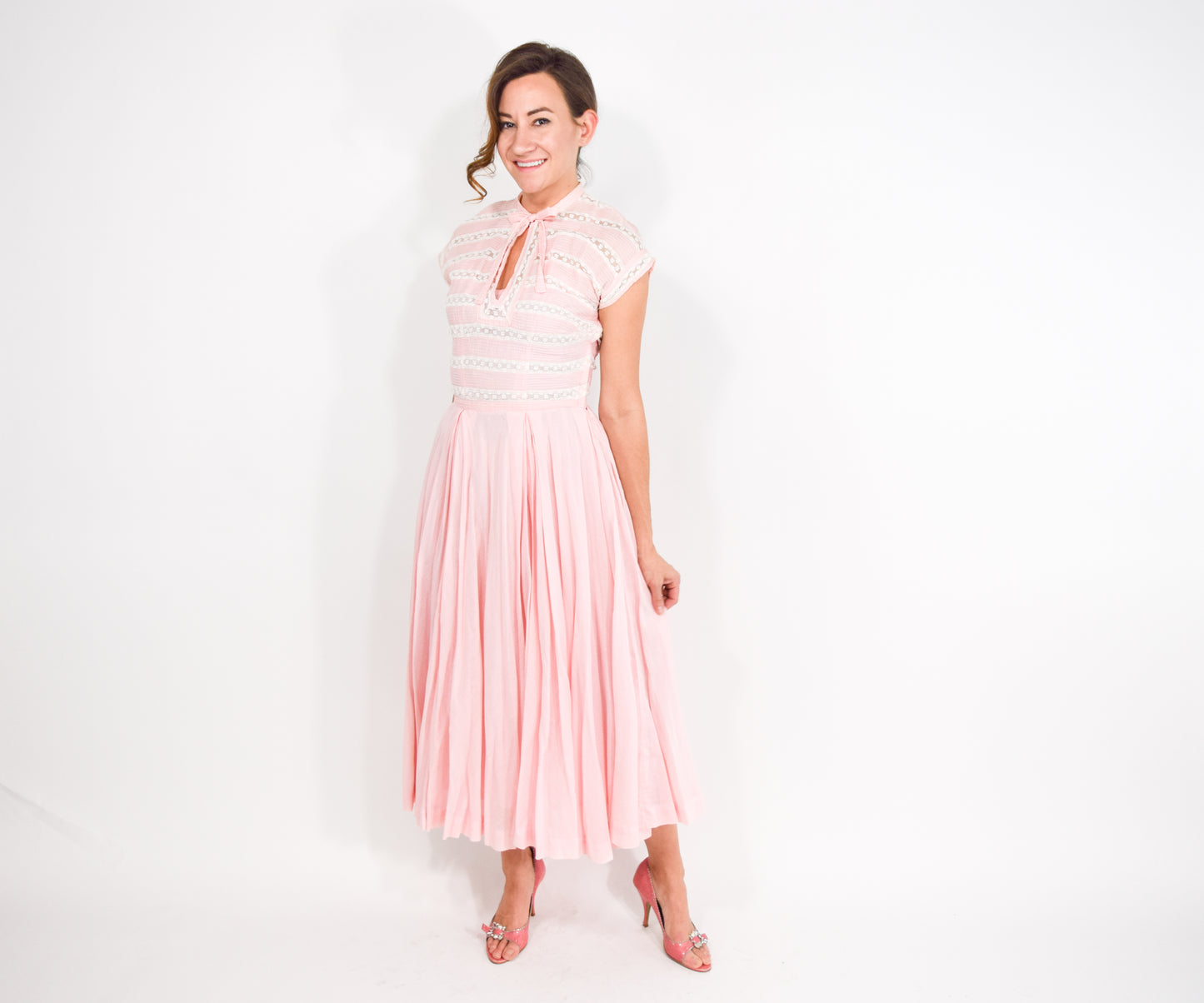 1940s Mollie Parnis Pink Cotton Dress, Extra Small