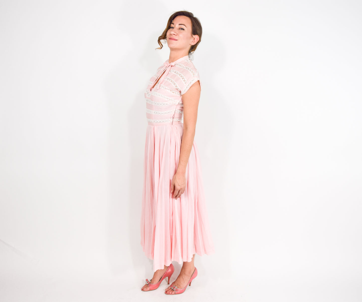 1940s Mollie Parnis Pink Cotton Dress, Extra Small