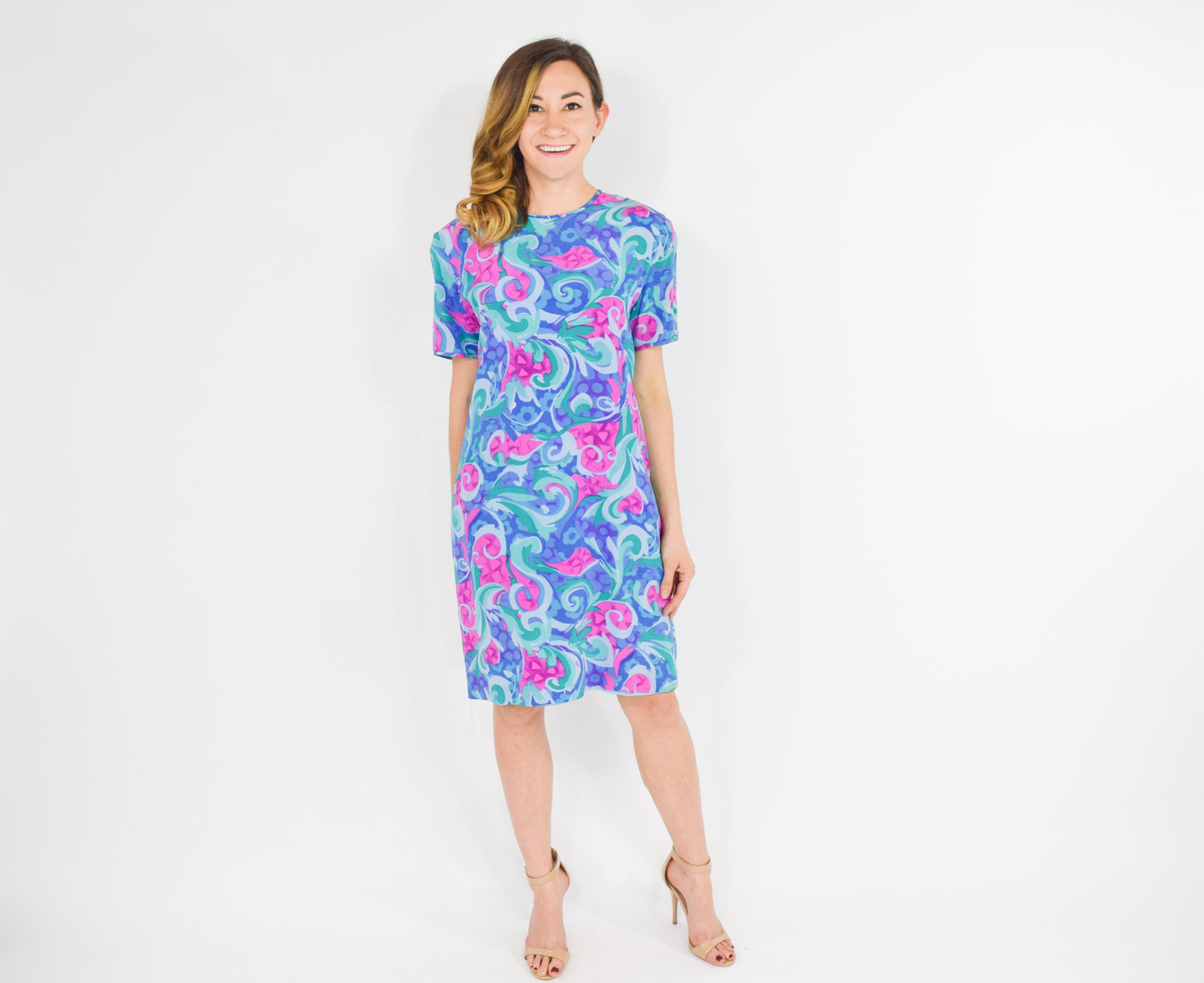 1990s Bright Blue & Pink Floral Print Silk Dress, Large