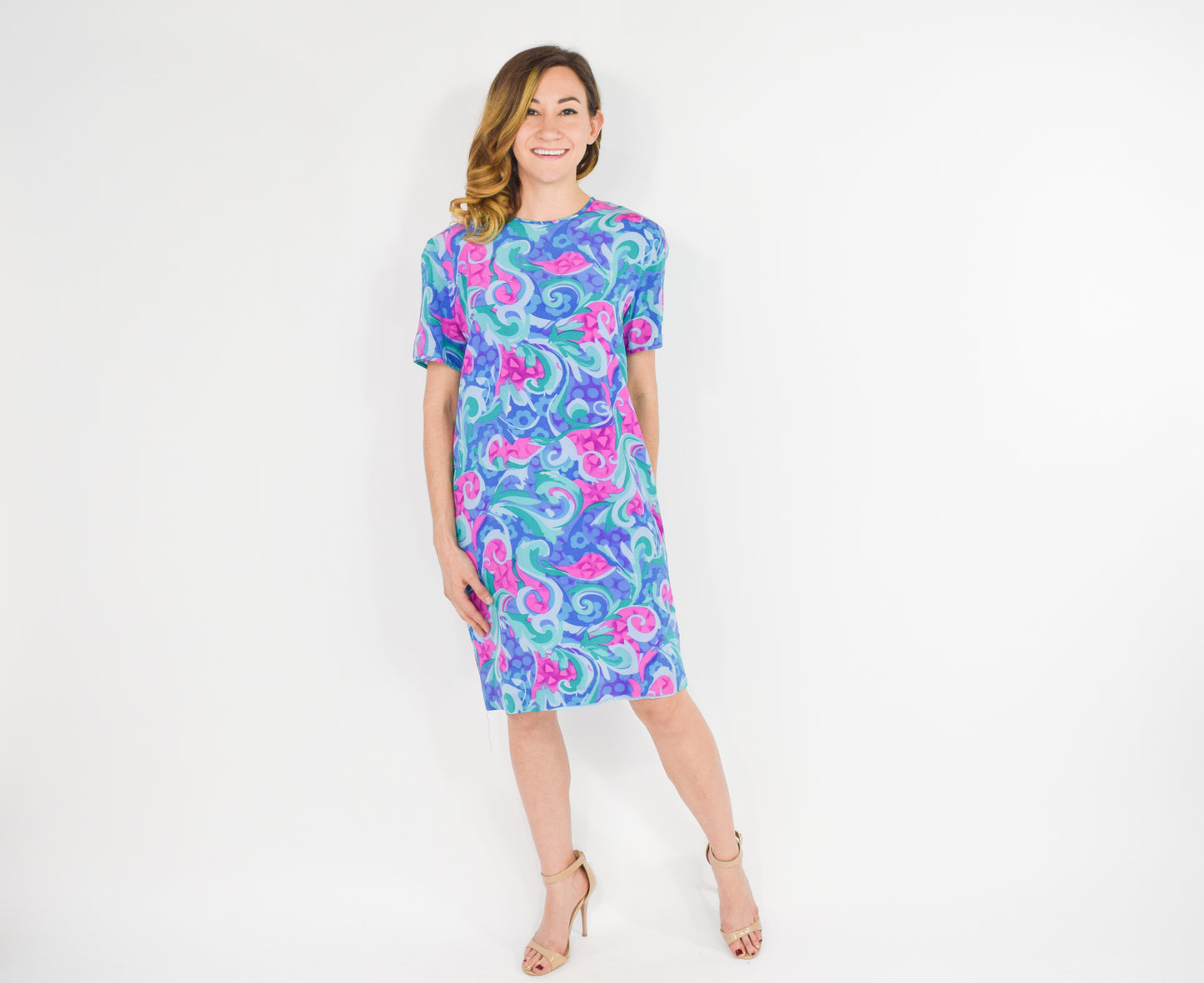 1990s Bright Blue & Pink Floral Print Silk Dress, Large