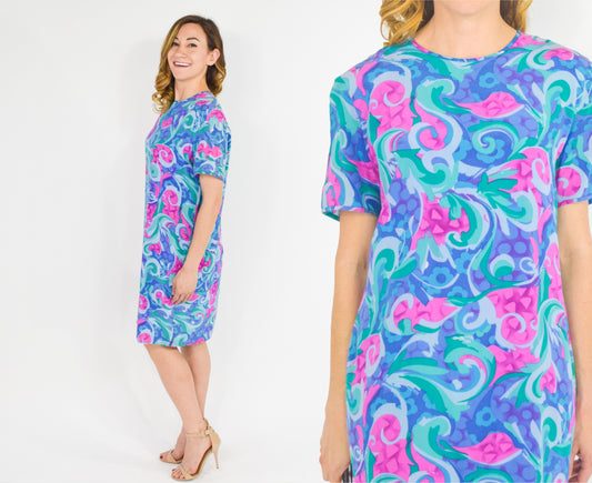 1990s Bright Blue & Pink Floral Print Silk Dress, Large