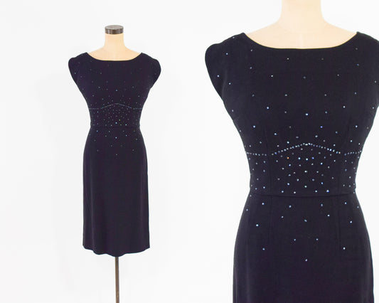 1950s Black Rhinestone Party Dress, Small