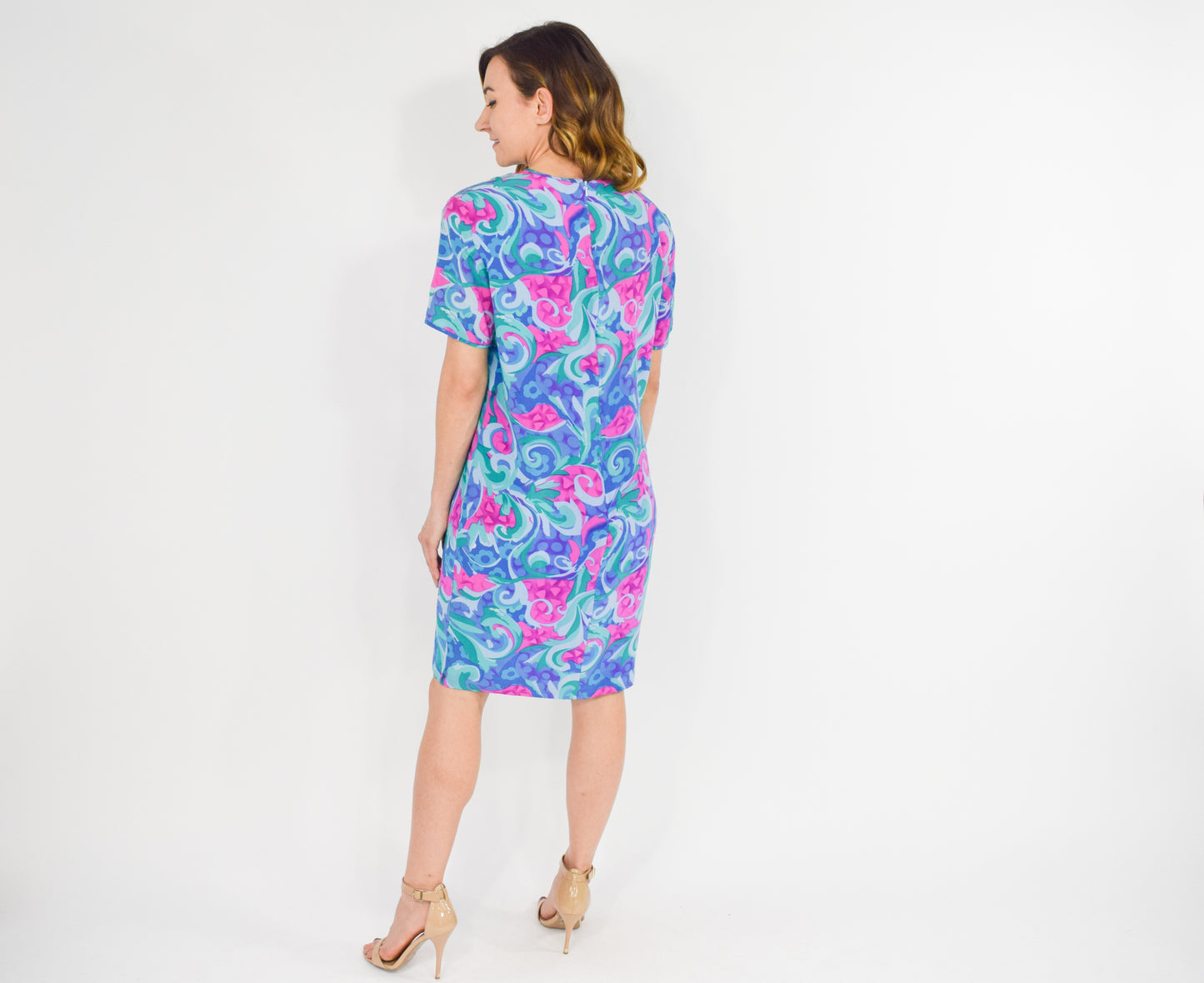 1990s Bright Blue & Pink Floral Print Silk Dress, Large