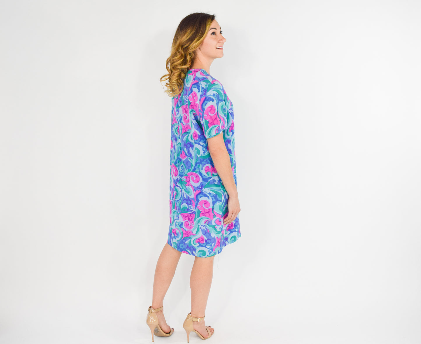 1990s Bright Blue & Pink Floral Print Silk Dress, Large