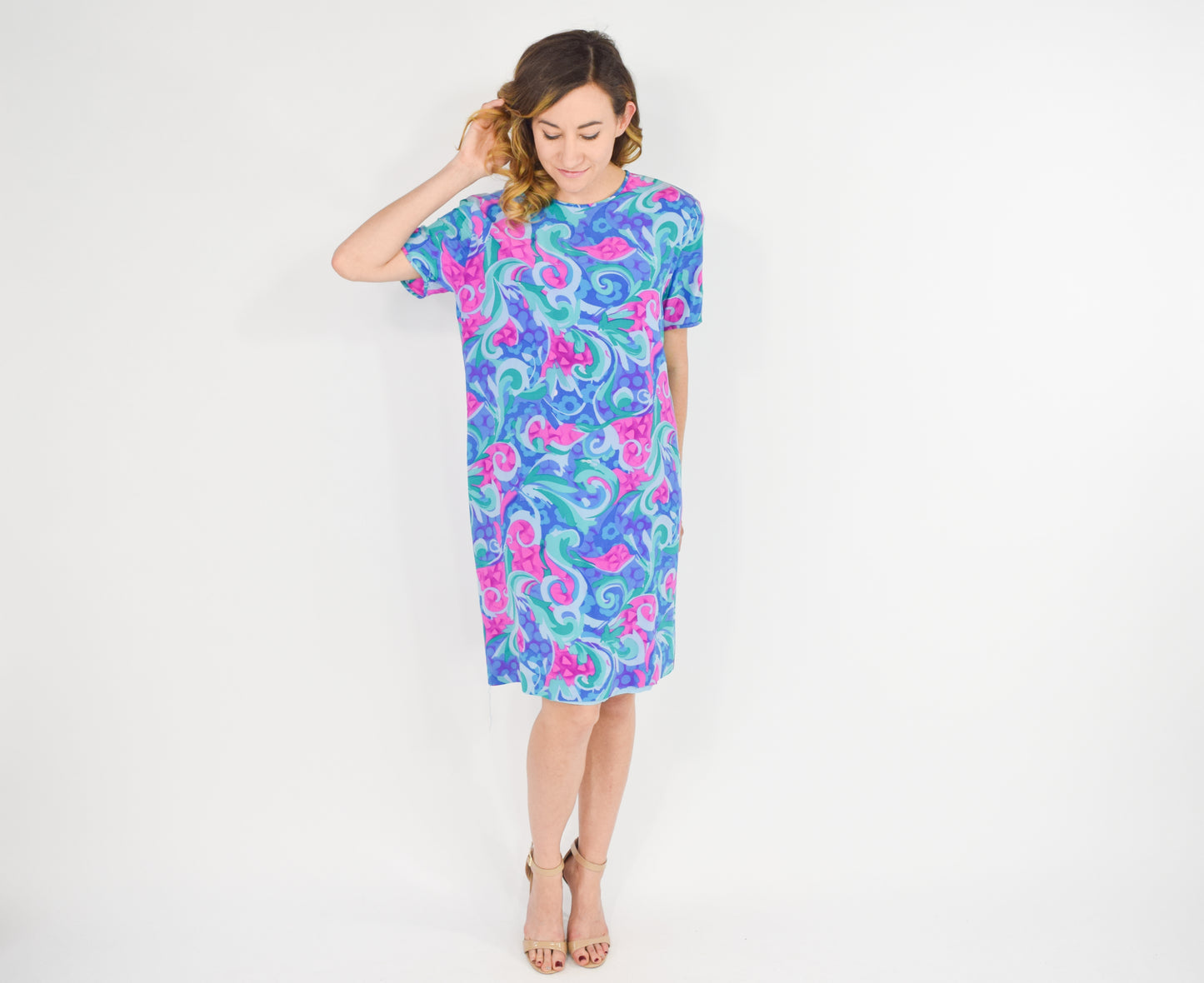 1990s Bright Blue & Pink Floral Print Silk Dress, Large