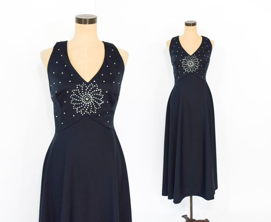 1970s Black Rhinestone Halter Dress