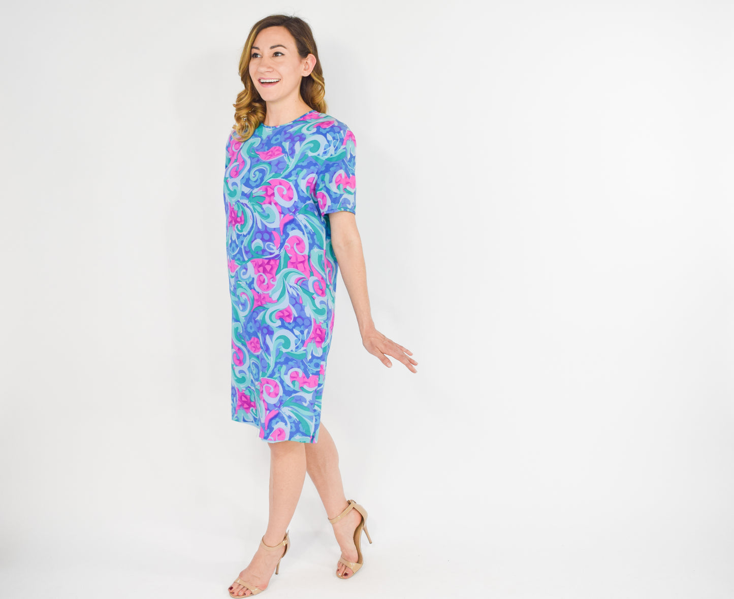 1990s Bright Blue & Pink Floral Print Silk Dress, Large