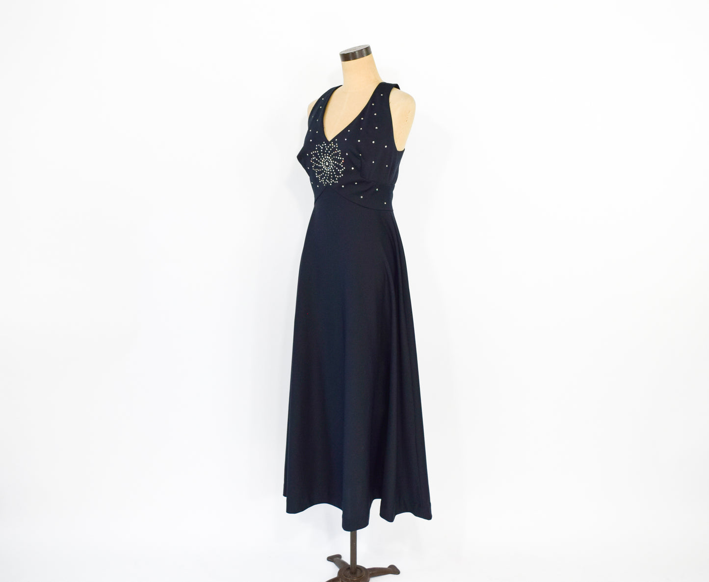 1970s Black Rhinestone Halter Dress