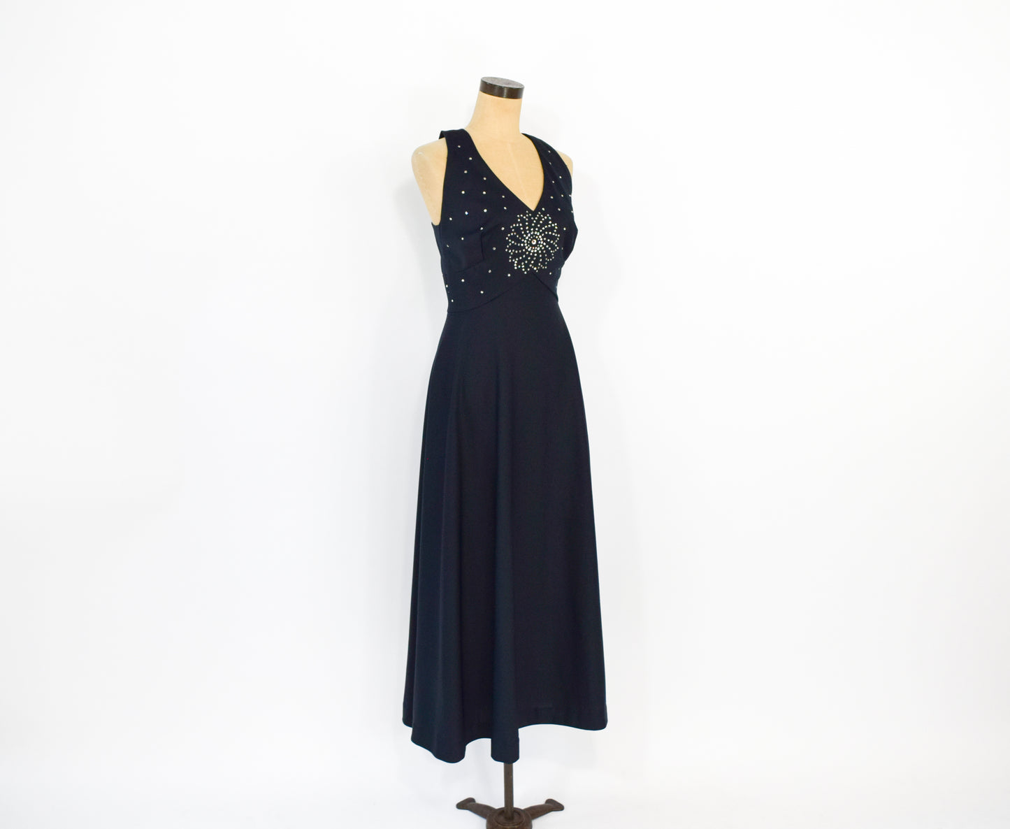 1970s Black Rhinestone Halter Dress