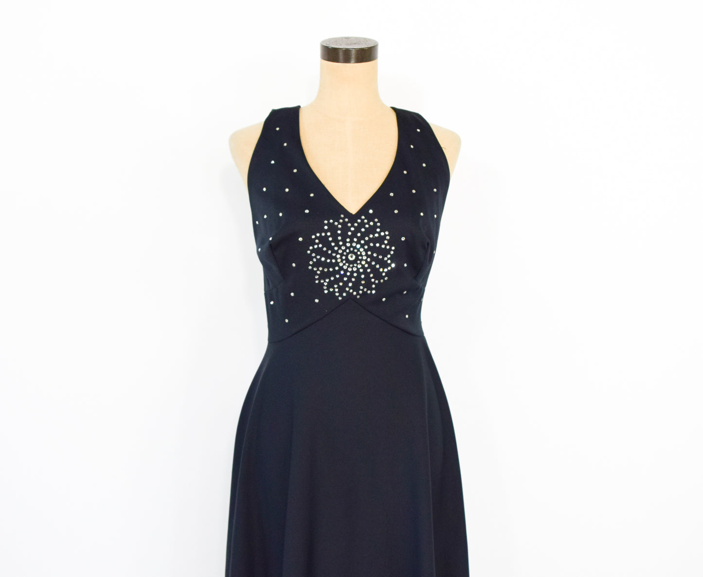 1970s Black Rhinestone Halter Dress