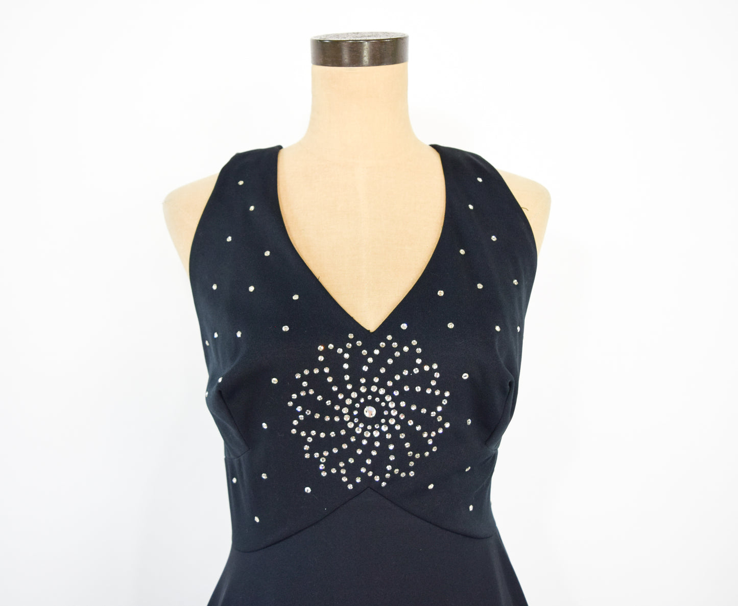 1970s Black Rhinestone Halter Dress