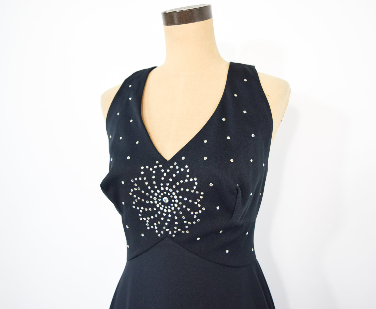 1970s Black Rhinestone Halter Dress