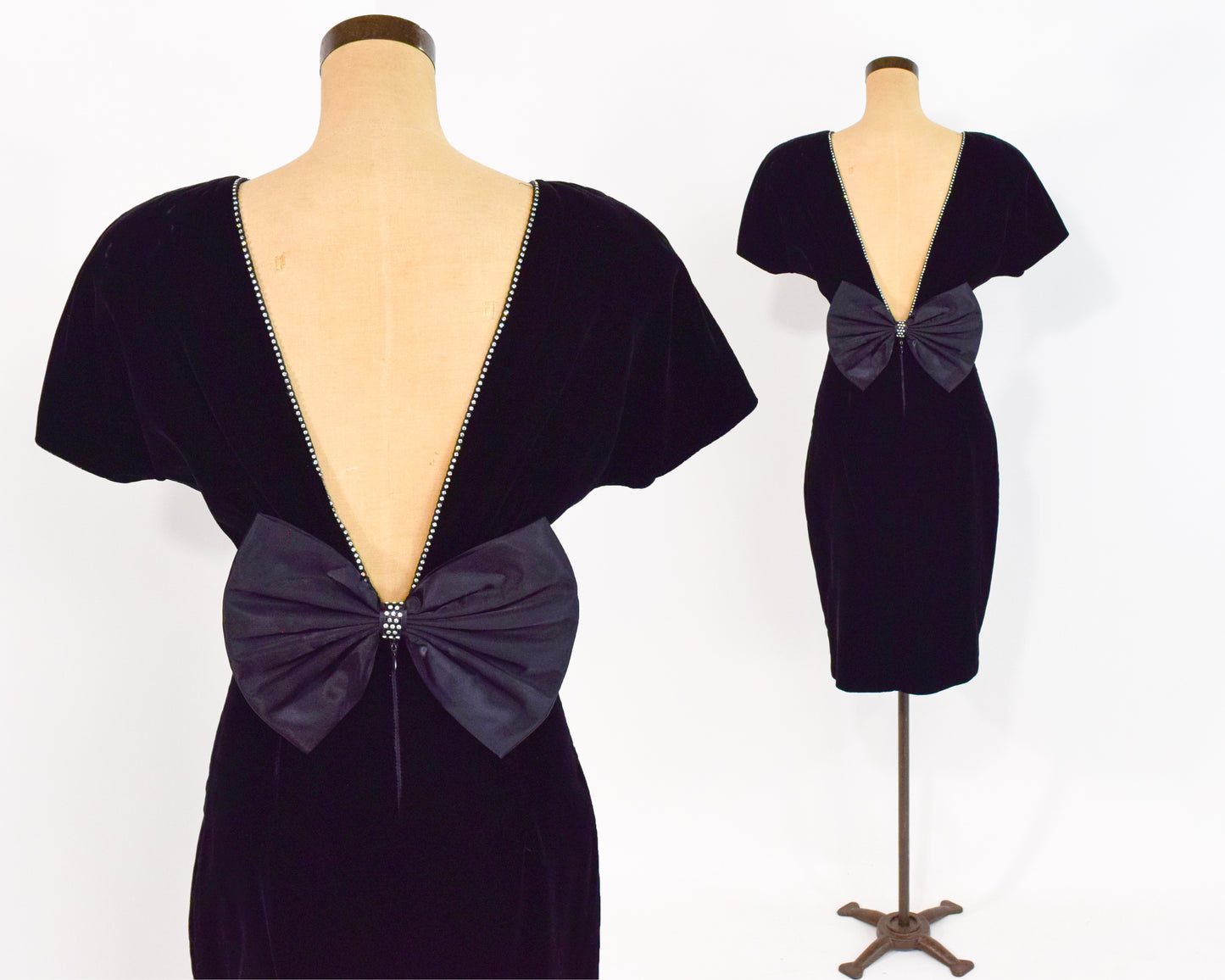 1980s Black Velvet Rhinestone Party Dress