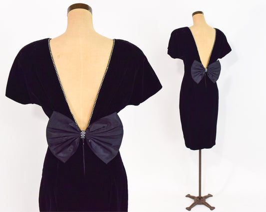 1980s Black Velvet Rhinestone Party Dress