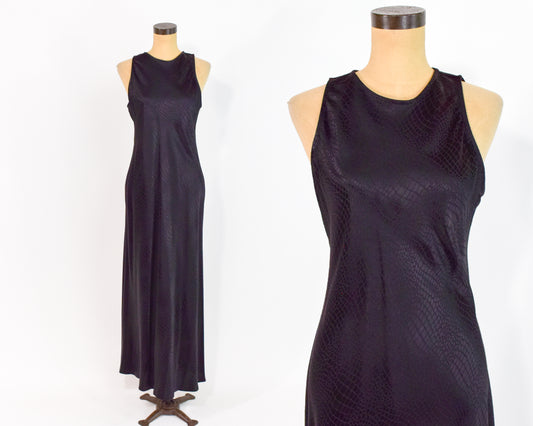 1990s Black Snakeskin Satin Slip Dress