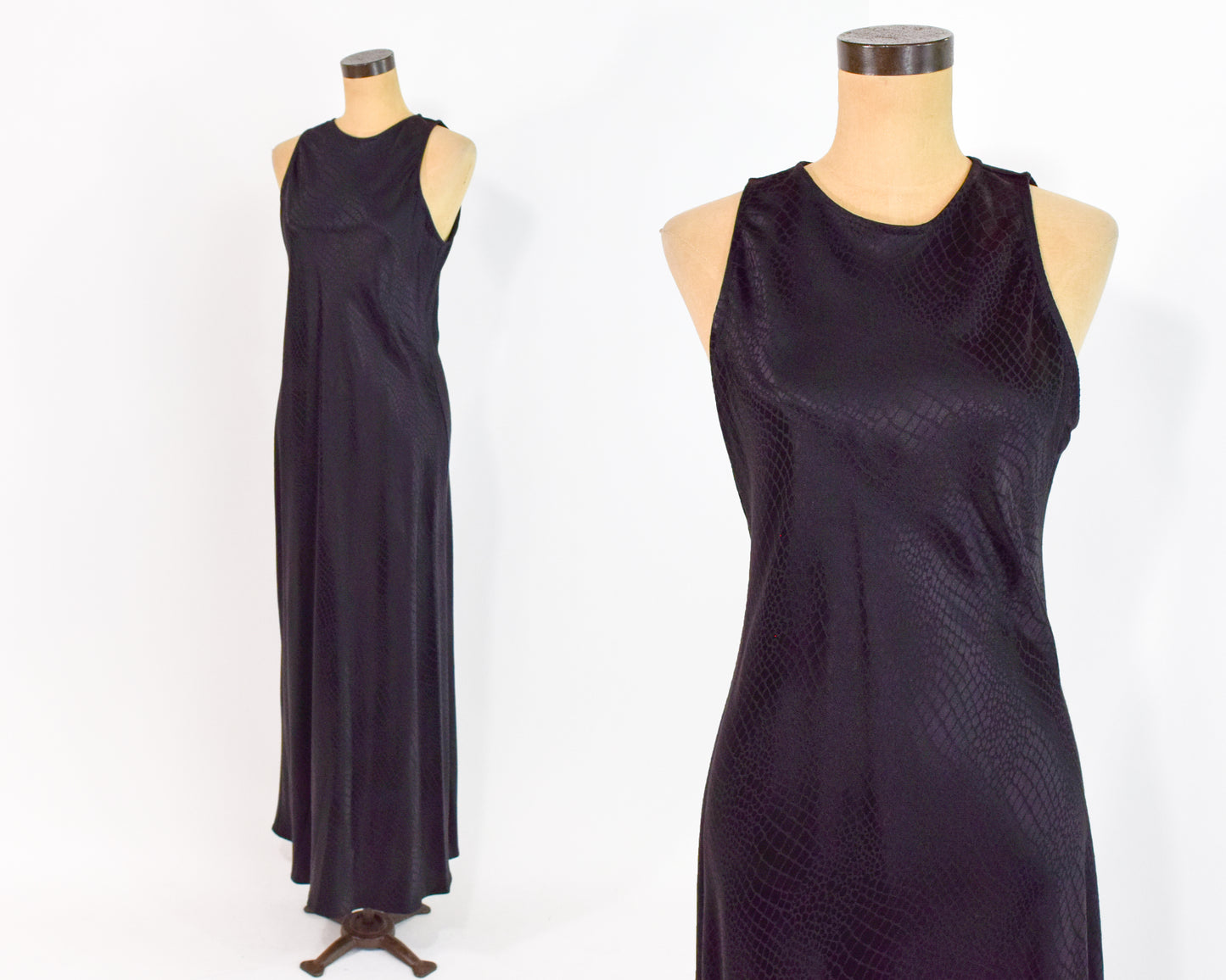 1990s Black Snakeskin Satin Slip Dress