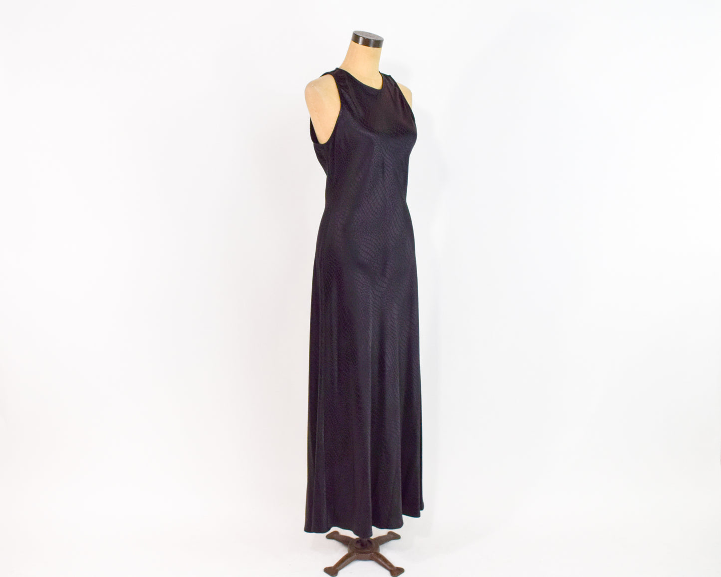 1990s Black Snakeskin Satin Slip Dress