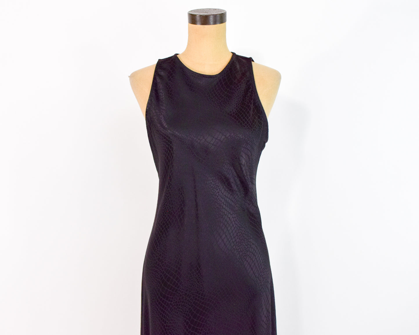 1990s Black Snakeskin Satin Slip Dress