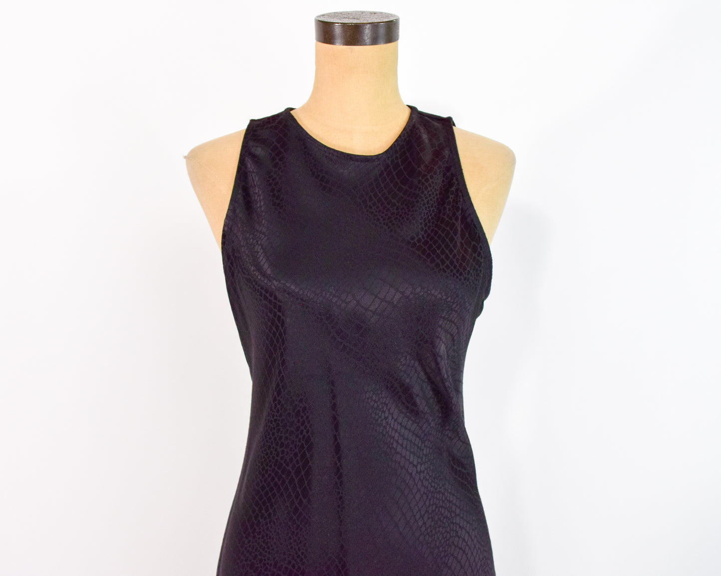 1990s Black Snakeskin Satin Slip Dress