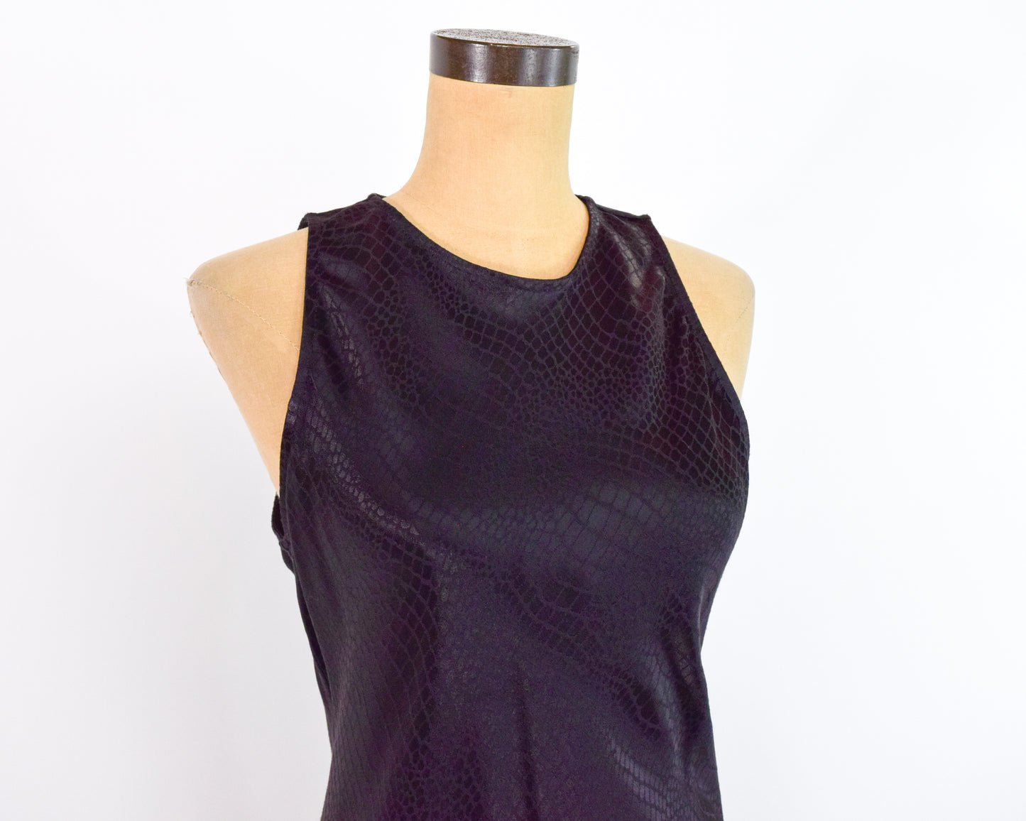 1990s Black Snakeskin Satin Slip Dress