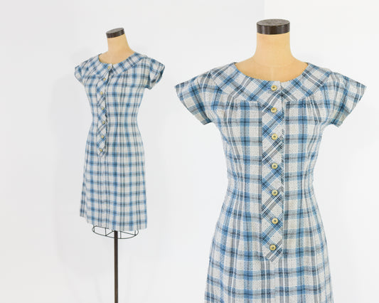 1960s Blue Plaid Dress Small