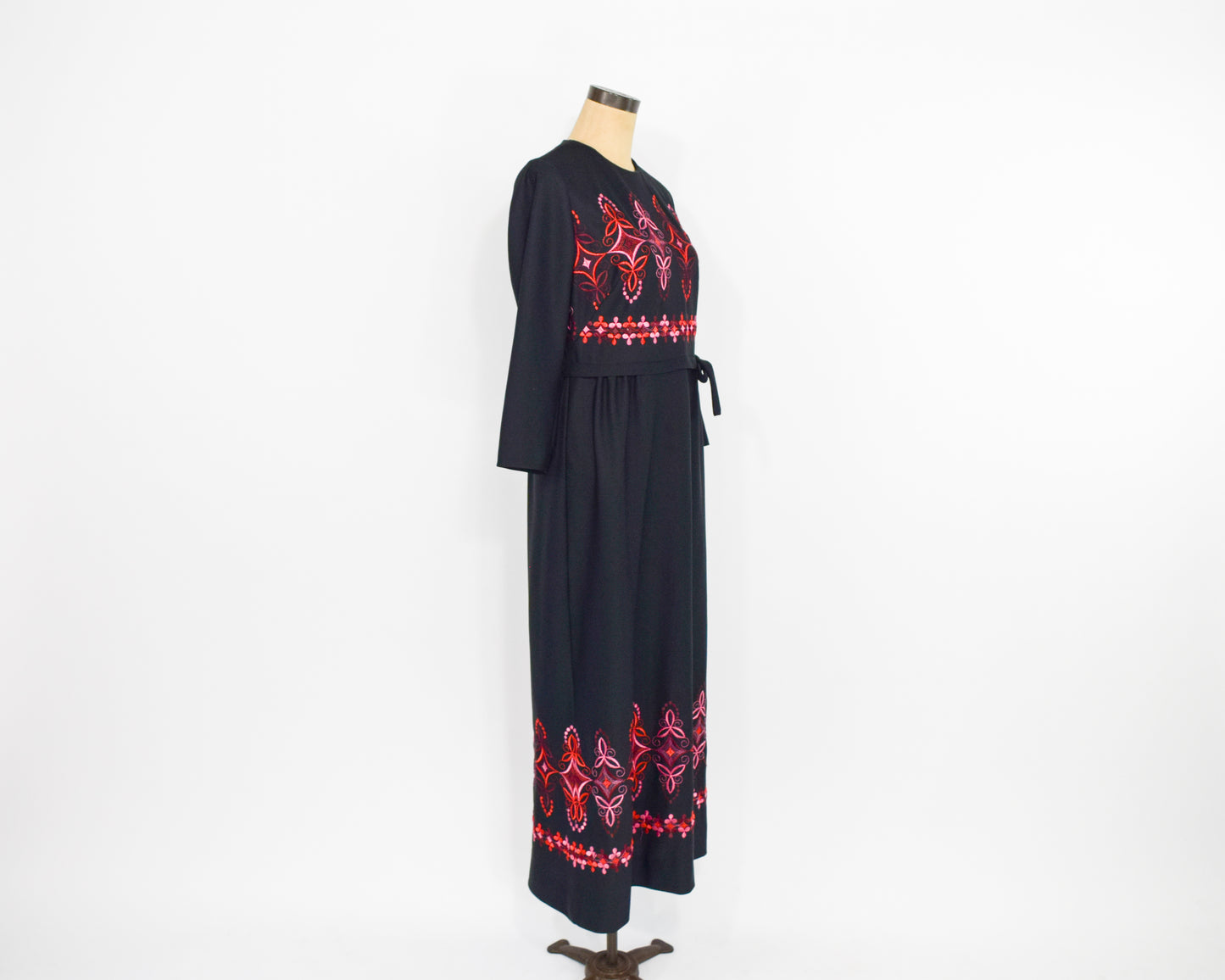 1970s Black Red Embroidered Maxi Dress Large