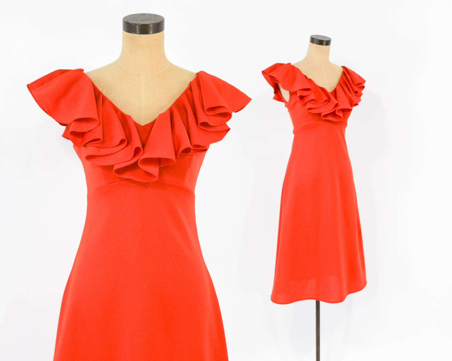 1970s Orange Ruffle Collar Dress, Small