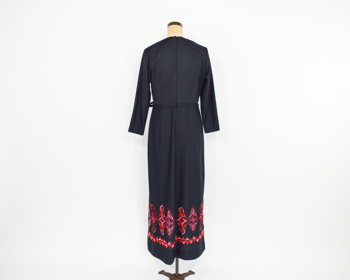 1970s Black Red Embroidered Maxi Dress Large