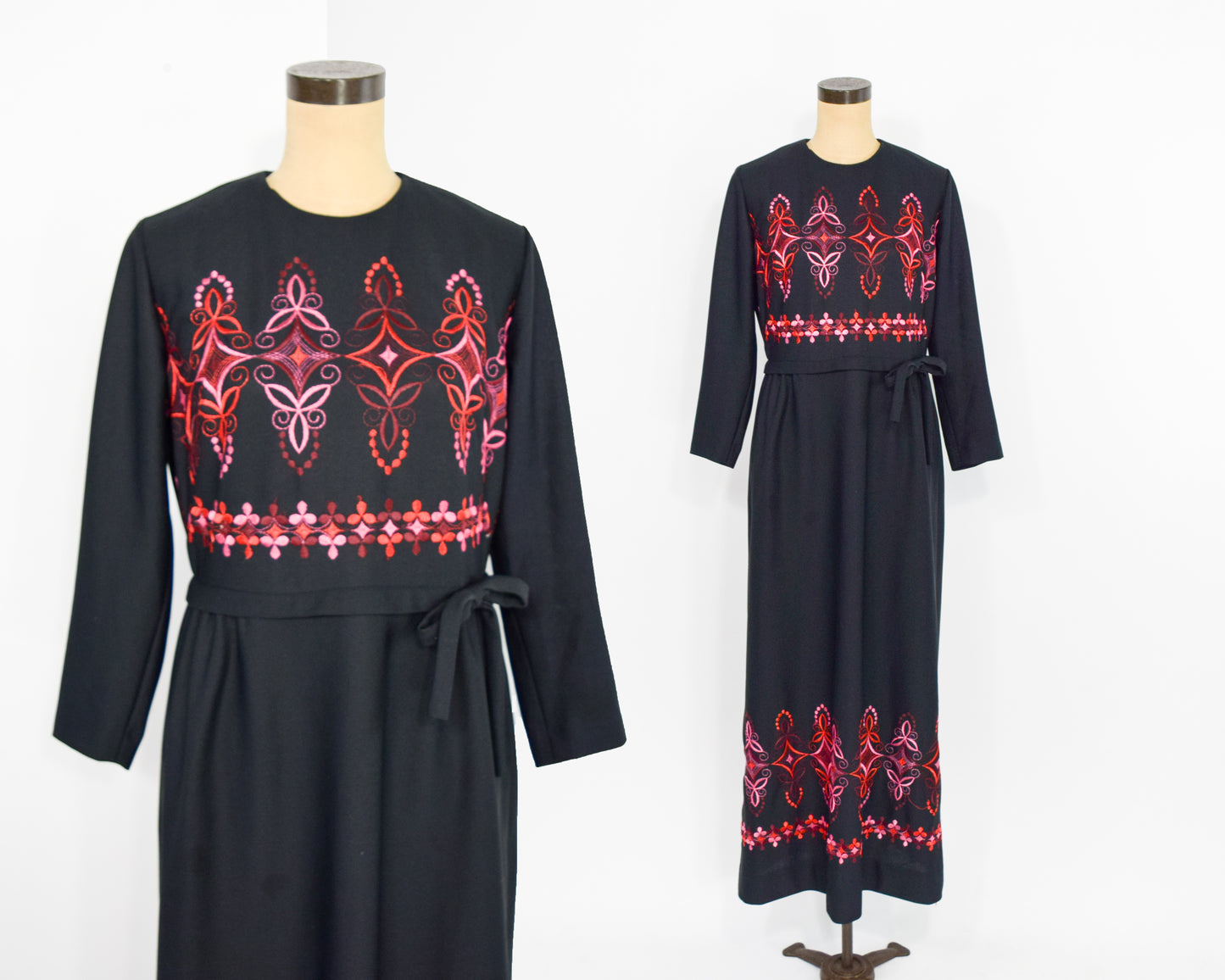 1970s Black Red Embroidered Maxi Dress Large