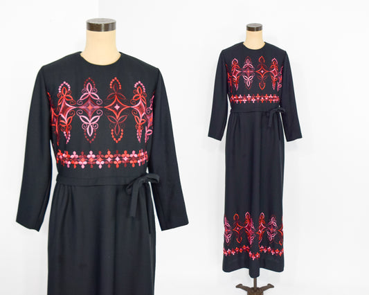 1970s Black Red Embroidered Maxi Dress Large