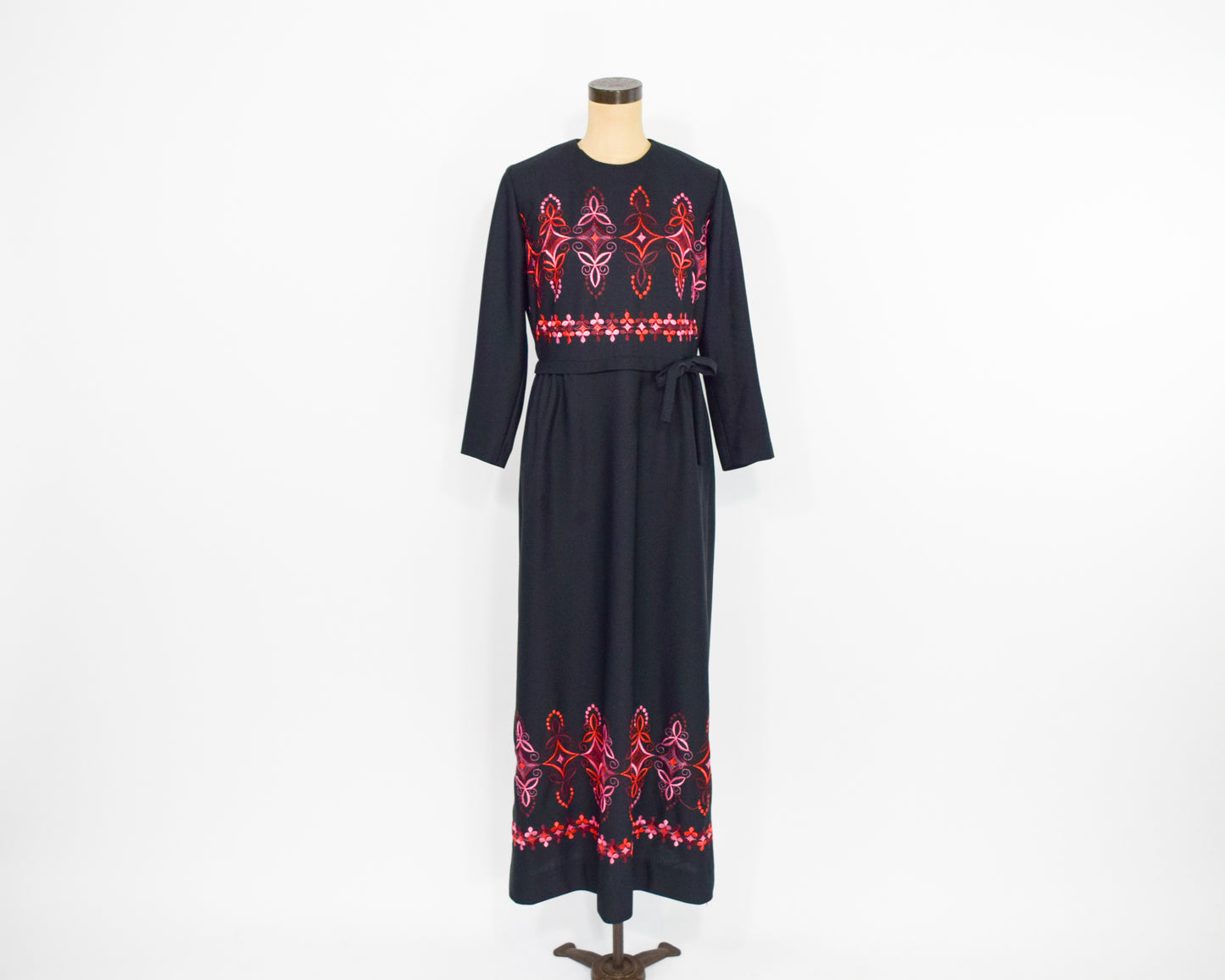 1970s Black Red Embroidered Maxi Dress Large