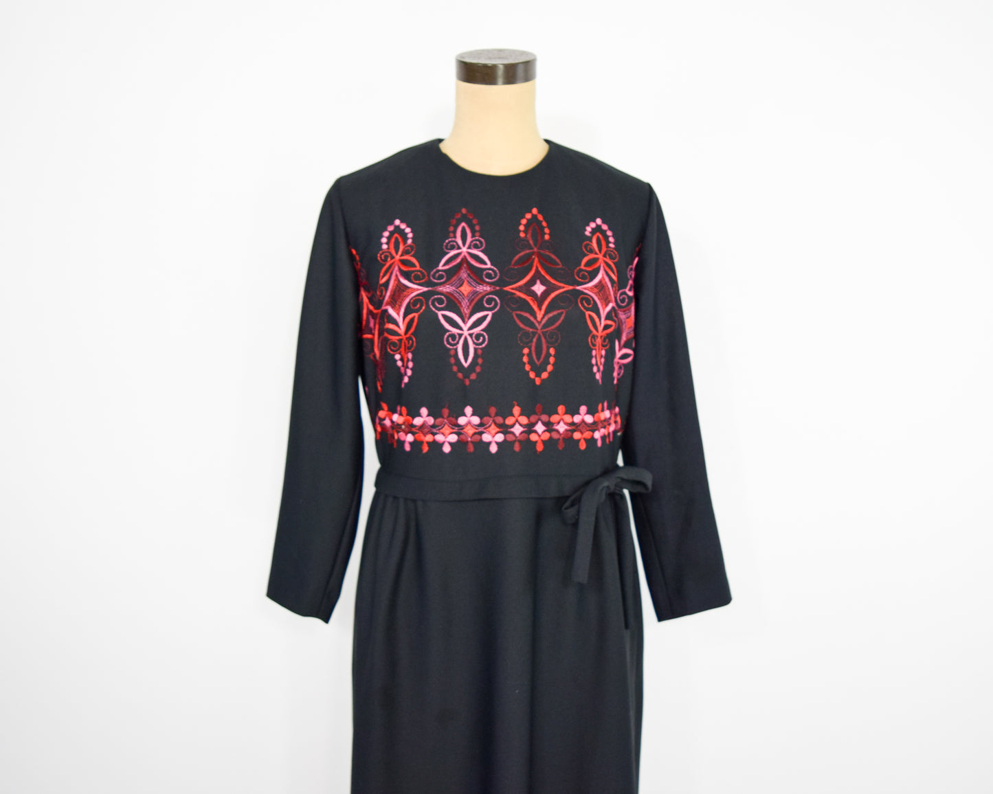 1970s Black Red Embroidered Maxi Dress Large