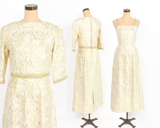 1960s Gold Evening Dress & Jacket Set Small